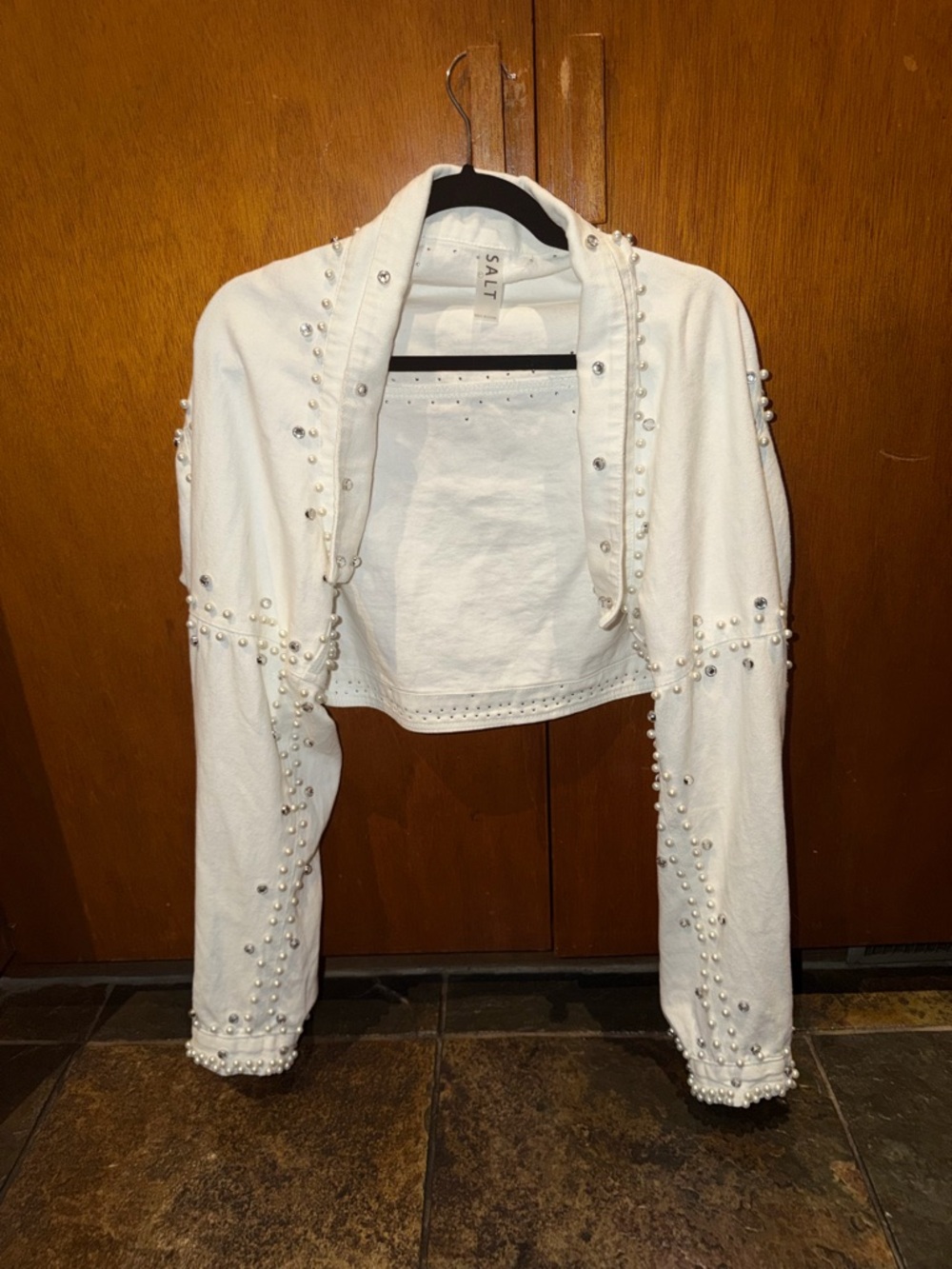 Pearl & Rhinestone White Cropped Denim Jacket Shrug